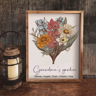 Personalized Grandma's Garden Birth Flower Bouquet Frame With Grandkids Names Gift For Nana Mom Mother's Day Gift Ideas
