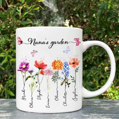 Personalized Nana's Garden Birth Month Flower Mug With Grandkids Names Gift Ideas for Mom Grandma