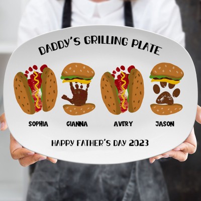 Personalized Daddy's Grilling Plate BBQ Handprint Platter Father's Day Gifts