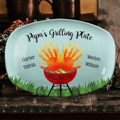 Custom Daddy's Grilling Handprint Plate Engraved with Kids Name Father's Day Gifts