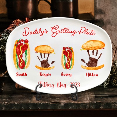Personalized Burger Hot Dog Handprint Footprint Plate Father's Day Gifts
