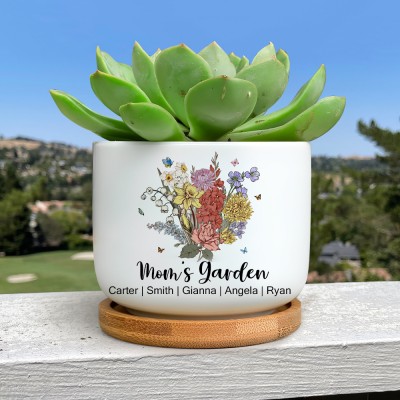 Personalized Mom's Garden Pot Birth Month Flower Bouquet Family Plant Pot with Kids Names Gifts for Mom Grandma Christmas Gift Ideas