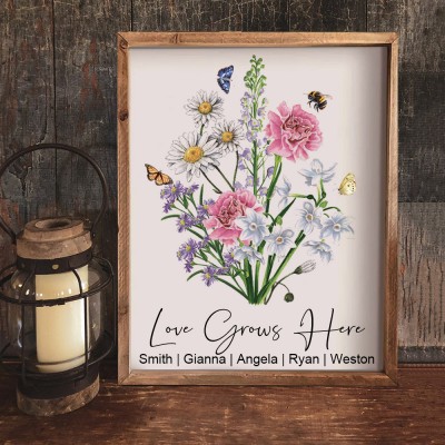Custom Birth Flower Family Bouquet Frame with Kids Names Christmas Gift Ideas for Mom Grandma