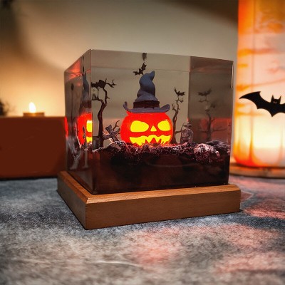 Spooky Pumpkin Halloween Resin Wood Art Lamp Unique Halloween Gifts