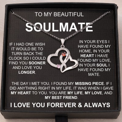 To My Soulmate Personalized Double Heart Necklace With 2 Names & Birthstones Gifts for Anniversary Valentine's Day