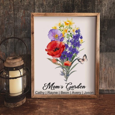 Custom Mom's Garden Family Art Print Bouquet Frame With Kids Names Unique Gifts For Mom Grandma Mother's Day Gift