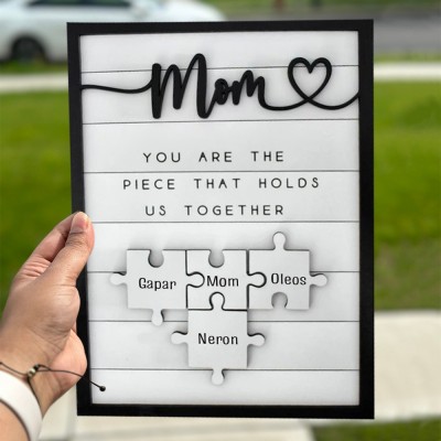 Personalized Handmade Puzzle Pieces Frame Sign With Kids Names Gift Ideas For Mom Grandma Mother's Day Gift