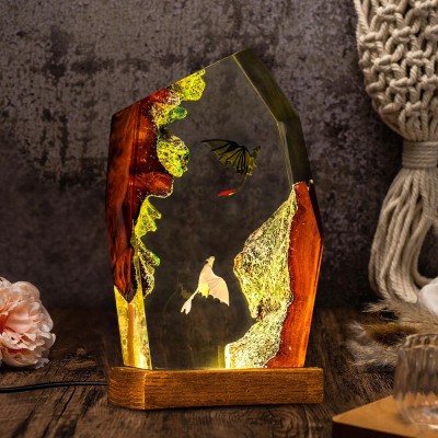 Handmade Dragon Couple Resin Wood Lamp Birthday Gift for Him Gifts for Couple Christmas Gift