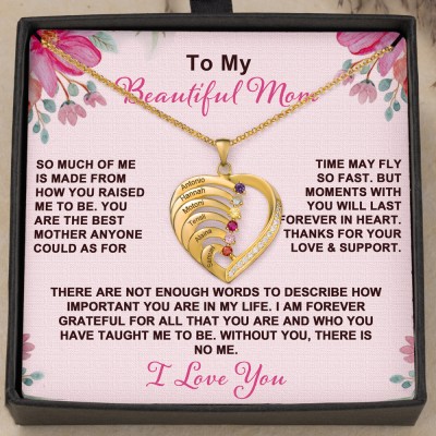 To My Beautiful Mom Heart Pendant Birthstone Necklace with Kids Names Gift Ideas for Mom Birthday Gift for Her