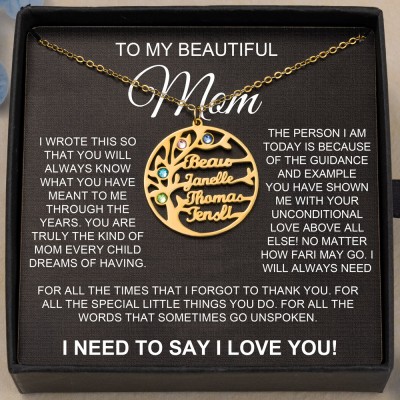 To My Beautiful Mom Family Tree Name Necklace with Birthstone Design Personalized Gift Ideas for Mom