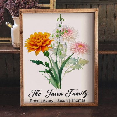 Personalized Birth Flower Family Bouquet Art Frame With Names Unique Gifts For Mom Grandma Mother's Day Gift