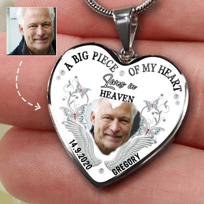 Personalized A Big Piece Of My Heart Lives In Heaven Photo Necklace Memorial Gift Ideas