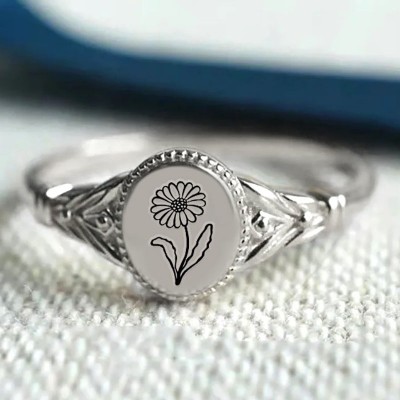 925 Sterling Silver Birth Flower Ring Vintage Flower Signet Ring