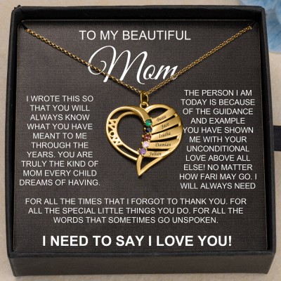 To My Mom Heart Shaped Birthstone Necklace Engraved with Names Gift Ideas for Mom