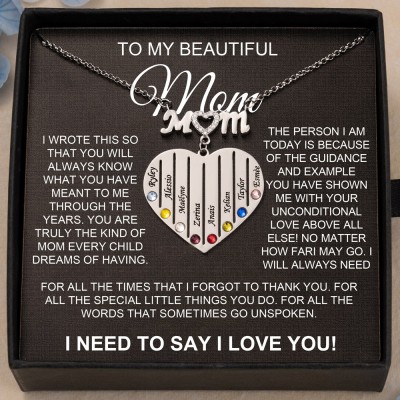 Personalized To My Mom Heart Shaped Birthstone Necklace with Kids Names Gift Ideas for Mom