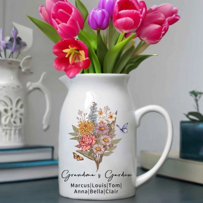 Personalized Grandma's Garden Bouquet Vase With Grandkids Birth Flowers Gift Ideas For Mom Grandma Mother's Day Gift