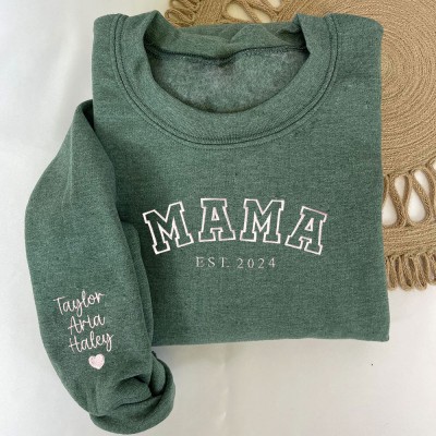 Custom Mama Embroidered Sweatshirt Hoodie with Kids Names On Sleeve Unique Gift For Mom Grandma Mother's Day Gifts