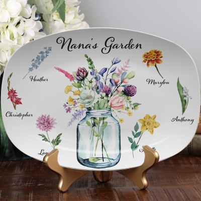 Custom Nana's Garden Painting Birth Flower Plates Engarved with Kids Names Mother's Day Gift