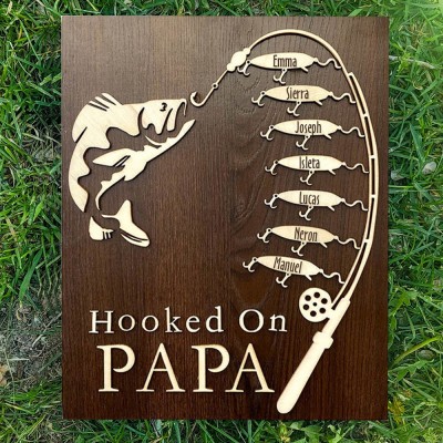 Hooked on Papa Wood Sign Personalized Fishing Trip Gift for Dad Grandpa Father's Day Gifts 