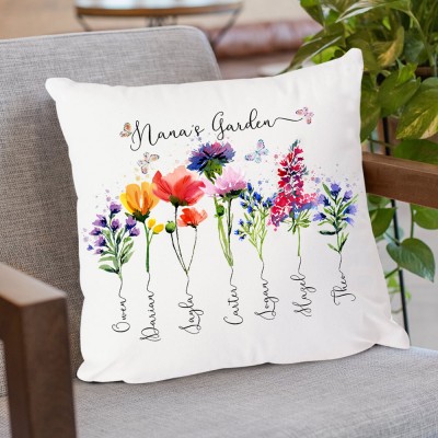 Personalized Nana's Garden Birth Flower Pillow With Grandkids Names Unique Gift for Grandma Mom 