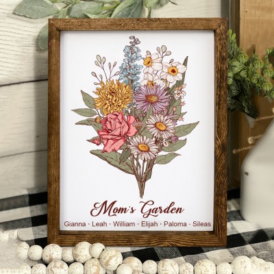 Custom Mom's Garden Bouquet Frame With Art Print Birth Month Flowers And Kids Names Mother's Day Gift