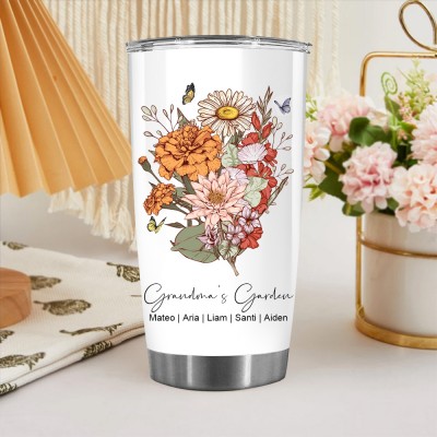 Personalized Grandma's Garden Birth Flower Bouquet Tumbler With Grandkids Names Gift For Grandma Mom Mother's Day Gift