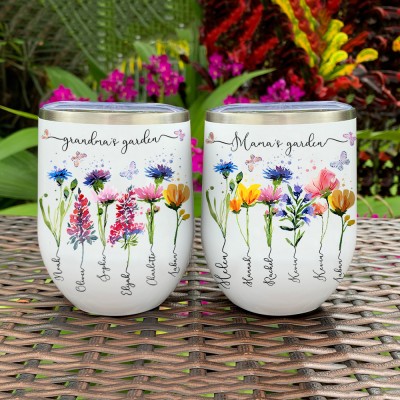 Custom Mama's Garden Birth Month Flower Wine Tumbler with Kids Names Gifts for Mom Grandma Mother's day Gift Ideas