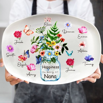 Personalized Happiness Is Being A Nana Birth Month Flower Platter with Kids Names Love Gift Ideas for Grandma Mom