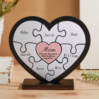 Personalized Heart Shaped 1-16 Names Mom You Are the Piece that Holds Us Together Puzzle Pieces Name Sign Mother's Day Gift