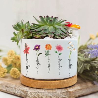 Custom Outdoor Birth Month Flower Plant Pot with Kids Name Mother's Day Gift