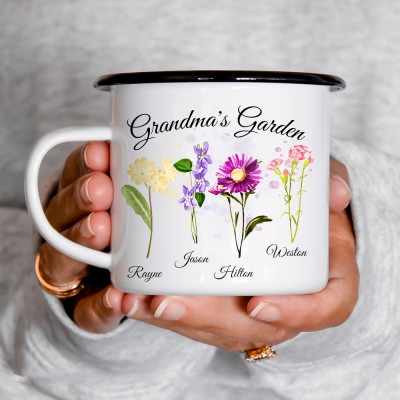 Personalized Grandma's Garden Coffee Mug with Grandkids Names Birth Flower Camp Mug Gifts for Mom Grandma Christmas Gifts
