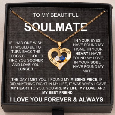 Personalized To My Soulmate Heart Necklace With 2 Names and Birthstones Gifts For Anniversary Valentine's Day
