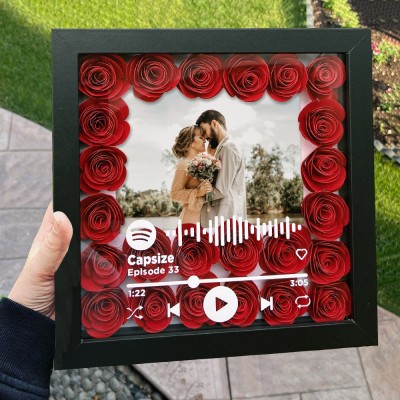 Personalized Spotify Flower Shadow Box With Couple Photo For Wedding Anniversary Valentine's Day Gifts