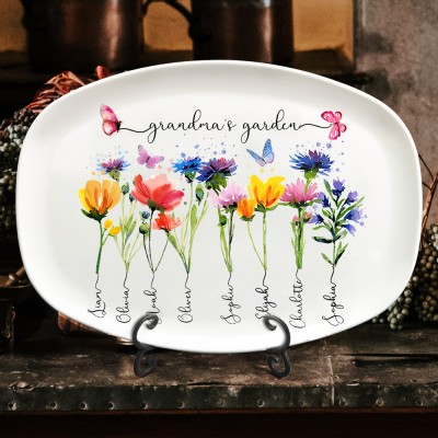 Custom Grandma's Garden Birth Flower Platter With Grandkids Names Personalized Gift for Grandma Mom Mother's Day Gift Ideas