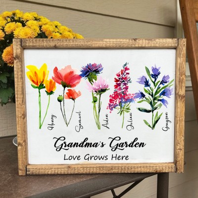 Personalized Grandma's Garden Birth Flower Frame Sign with Grandkids Name Gift for Mom Grandma Mother's Day Gift