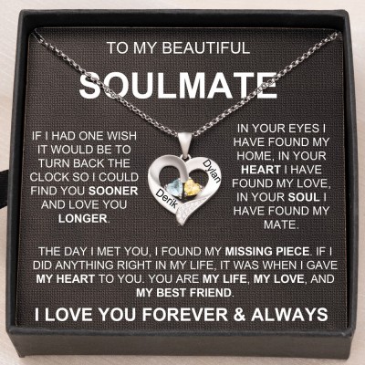 To My Soulmate Custom 2 Names Heart Necklace with Birthstone Designs Gift Ideas for Soulmate Anniversary Gifts Valentine's Day Gifts