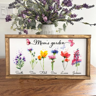 Custom Birth Flower Sign Mom's Garden Wooden Frame Engraved with Names Gift Ideas for Mom Christmas Gifts for Grandma