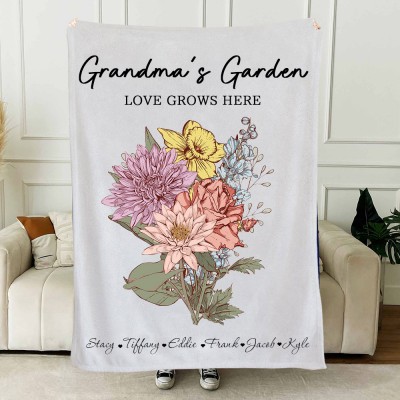 Personalized Grandma's Garden Birth Flower Bouquet Blanket Family Gifts For Mom Grandma Mother's Day Gift