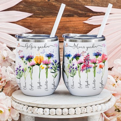 Personalized Mom's Garden Birth Flower Wine Tumbler Unique Gift Ideas for Mom Grandma Mother's day Gifts