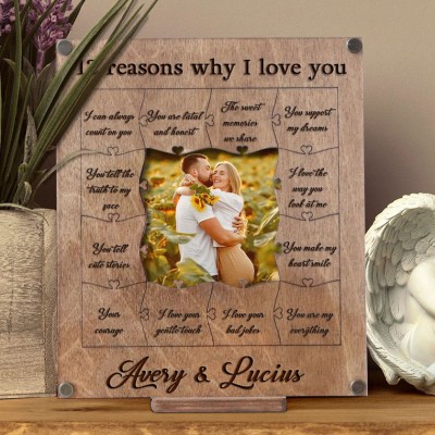 Personalized Photo Wooden Puzzle Frame with 12 Reasons Why I Love You Anniversary Gifts for Husband Valentine's Day Gifts