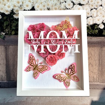 Personalized Mom Heart Shaped Monogram Flower Shadow Box with Kids Names Butterfly Shadow Box Love Gift Ideas for Mom Grandma