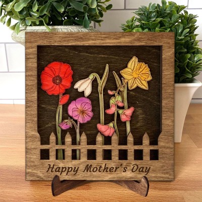 Personalized Birth Flower Wooden Frame Mother's Day Gifts Keepsake Gifts for Grandma Mom