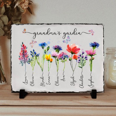 Personalized Birth Month Flower Slate Plaque with Kids Name Gift for Grandma Mom