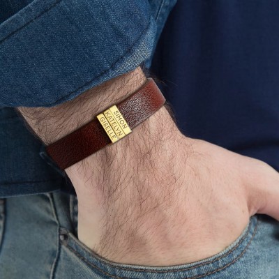 Personalized Engraved Leather Beads Men Bracelet with Kids Name Father's Day Gift