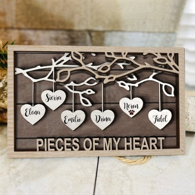 Personalized Family Tree Wooden Sign Hanging Heart Name Frame Gift for Grandparents from Grandkids Love Gift for Mom