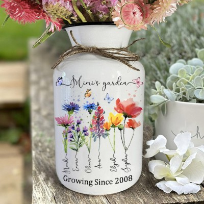 Personalized Mimi's Garden Birth Flower Vase with Kids Names Mother's Day Gift Ideas