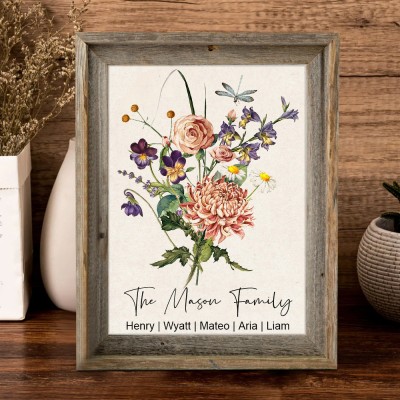 Personalized Family Watercolour Birth Flower Bouquet Print Frame with Kids Names Christmas Gift Ideas for Mom Grandma