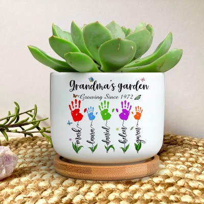 Personalized Grandma's Garden Handprint Mini Succulent Plant Pots with Kids Names Outdoor Pot for Grandma Christmas Gifts for Mom