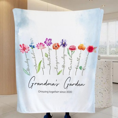 Personalized Grandma's Garden Blanket with Family Month Flower Art Print Gift for Grandma Mom