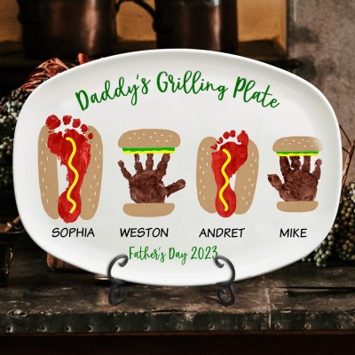Custom Burger Hot Dog Handprint Footprint Plate with Kids Name Father's Day Gift Ideas